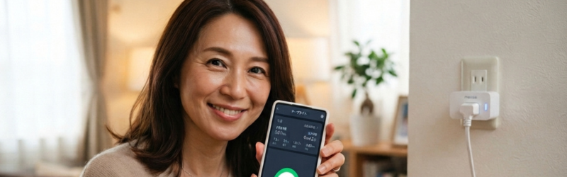 SwitchBotのプラグミニを活用してスマートホームの一歩目を踏み出した笑顔の女性