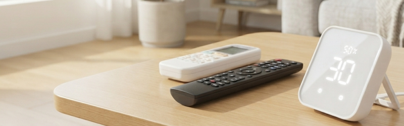 ハブと2つのリモコンがテーブルに並んでおいてあるスマートホームのイメージ。
