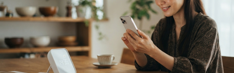 さっそくスマホアプリからスマートホームを試す女性