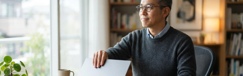 在宅ワークに一区切りをつけ休憩をとる男性。パソコンを閉じ、仕事からしっかりと離れることを意識している