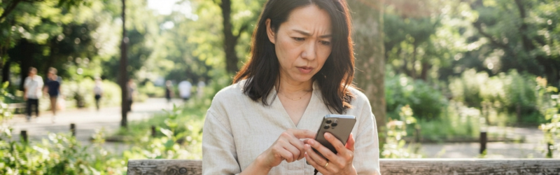 使っているモバイルバッテリーやスマホが熱くなり心配になっている女性