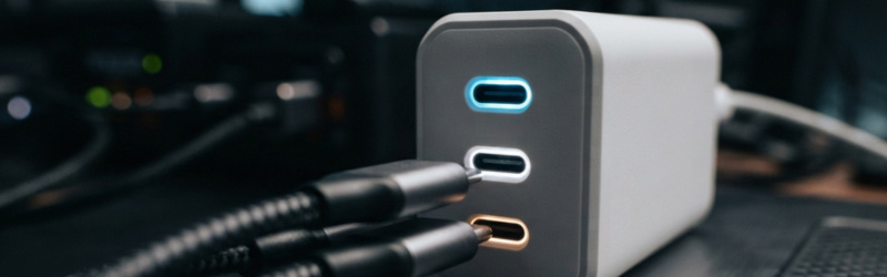 充電器の3つのポートのうち2つにUSB-Cケーブルが刺さろうとする瞬間の画像