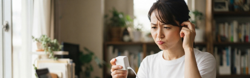 GaN充電器に疑問があって、不思議そうな顔で充電器を眺める女性