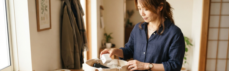 外出にもっていくGaN充電器をバッグに入れようとする女性