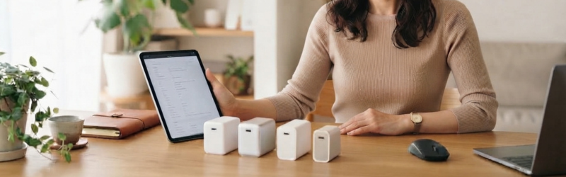 4つのGaN充電器をデスクに並べて選んでいる女性