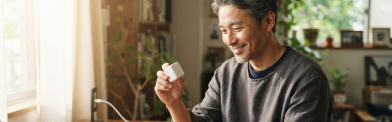 安心なGaN充電器を見つけることができてホッとしている男性