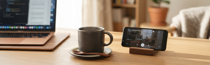 デスクの上にスマホとコーヒーカップ。在宅仕事の休憩中に動画配信をスマホで楽しんでいるシーン。