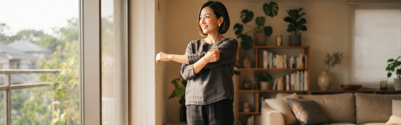 休憩中に、疲れて固まった体をストレッチしてほぐす女性