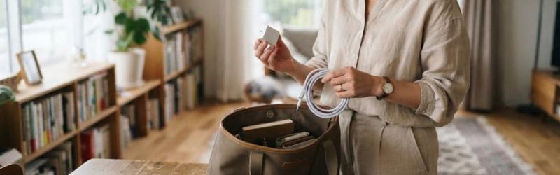 今出かけようとする女性が、バッグにケーブルと充電器を持っている画像