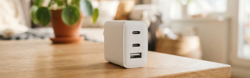 リビングのテーブルに置かれた、USB-CとUSB-A端子の付いた充電器の画像