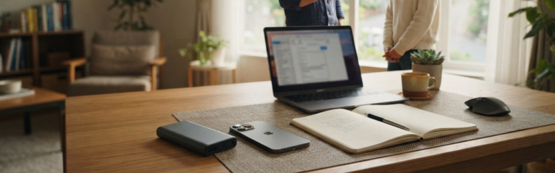 安心して使えるモバイルバッテリーをデスクに置き使用しているシーン
