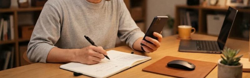 スマホを片手にキャンペーンの申し込み手順をメモしている男性。