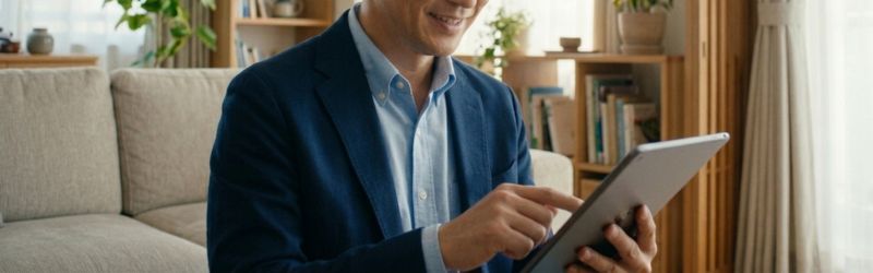 Audibleの効き放題作品をチェックしている男性