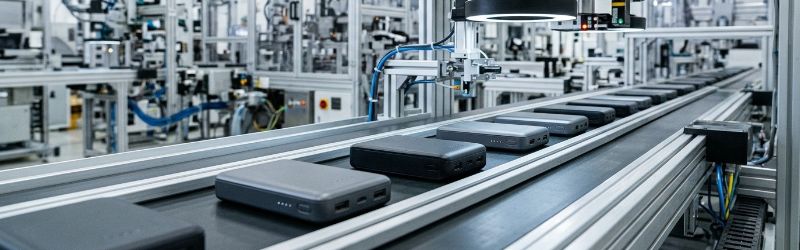様々な安全対策を行っている信頼できるメーカーのモバイルバッテリー製造イメージ