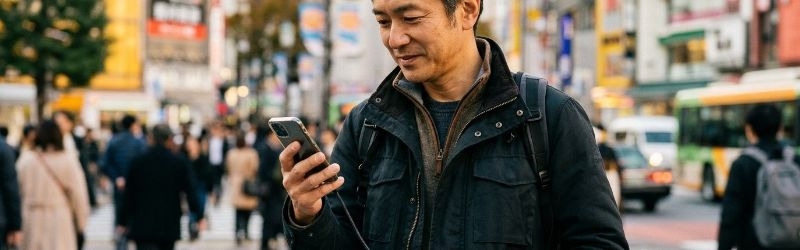 信頼できるメーカーのモバイルバッテリーで、案して利用している男性