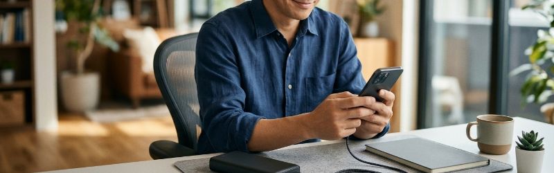 在宅ワーク中にモバイルバッテリーで。スマホを充電しているシーン
