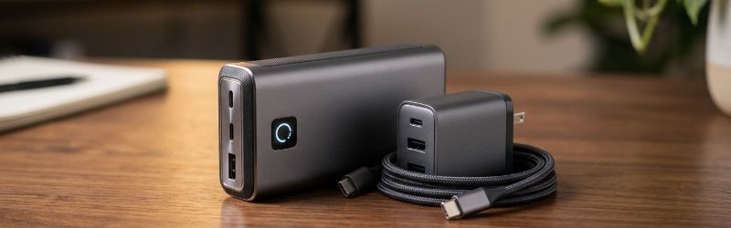 ディスクの上に置いてある充電器とモバイルバッテリー