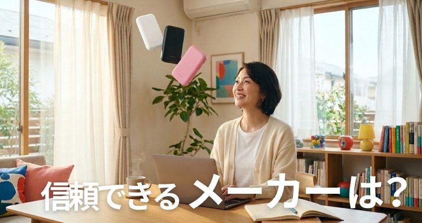 主要メーカーモバイルバッテリーが目の前に浮かんでいて、女性が笑顔で選んでいるアイキャッチ