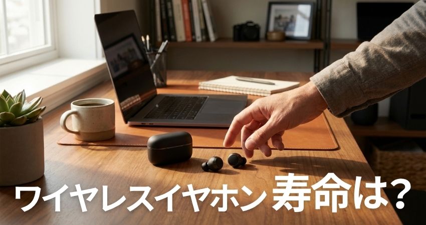 テーブルに置かれたワイヤレスイヤホンをつかもうと手を伸ばす男性